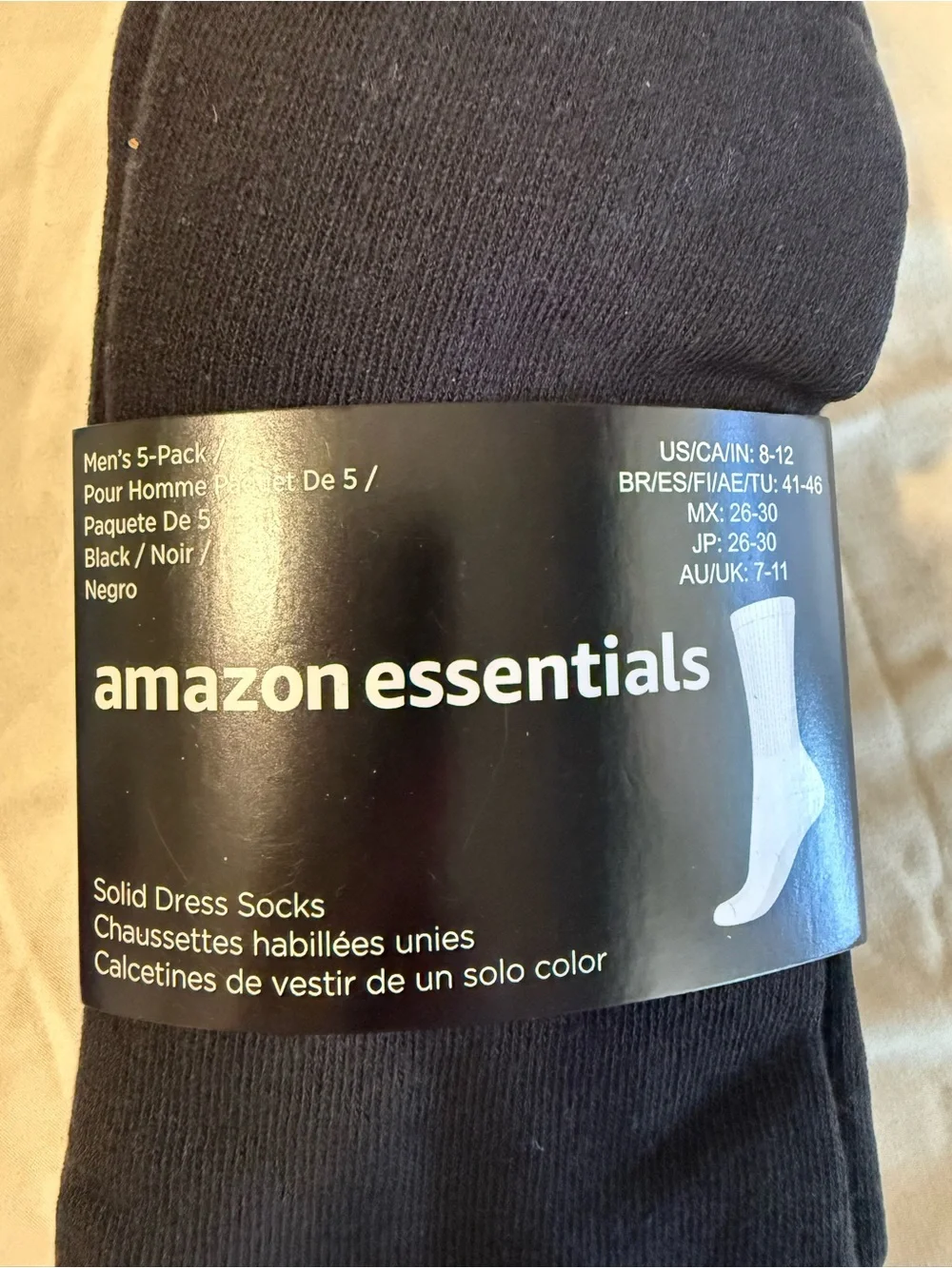 Amazon Essentials Men's Black Solid Dress Socks - 5-Pack Size 8-12